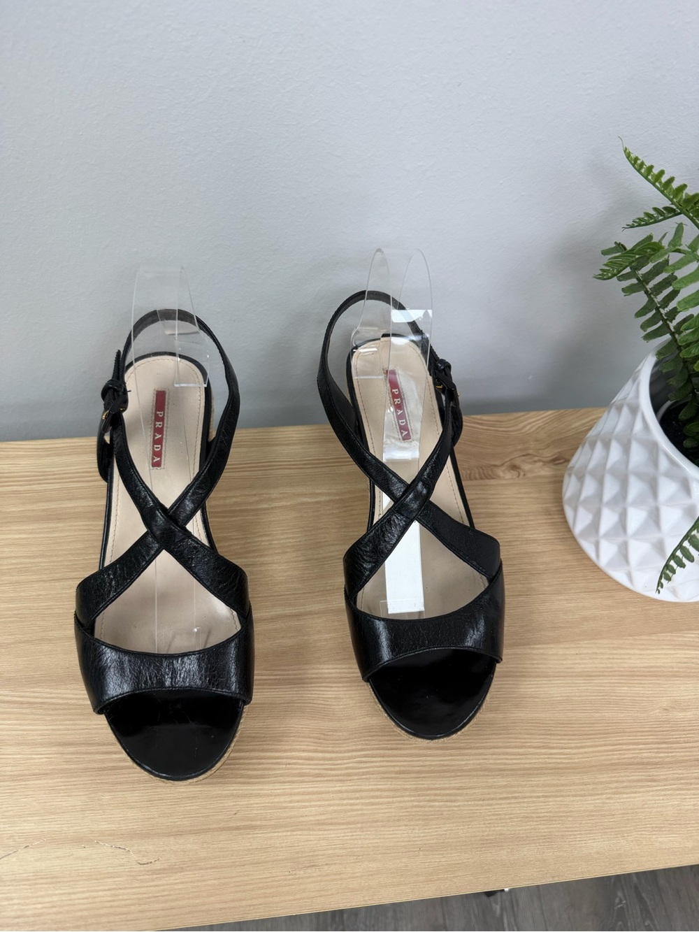 Vintage Prada Black Leather Wedge Sandals with Cork Platform 3XZ144 SZ 39.5 - Picture 2 of 9